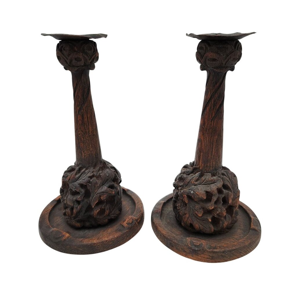 Pair of Antique Charles Rohlfs Hand-Carved Oak Candlesticks